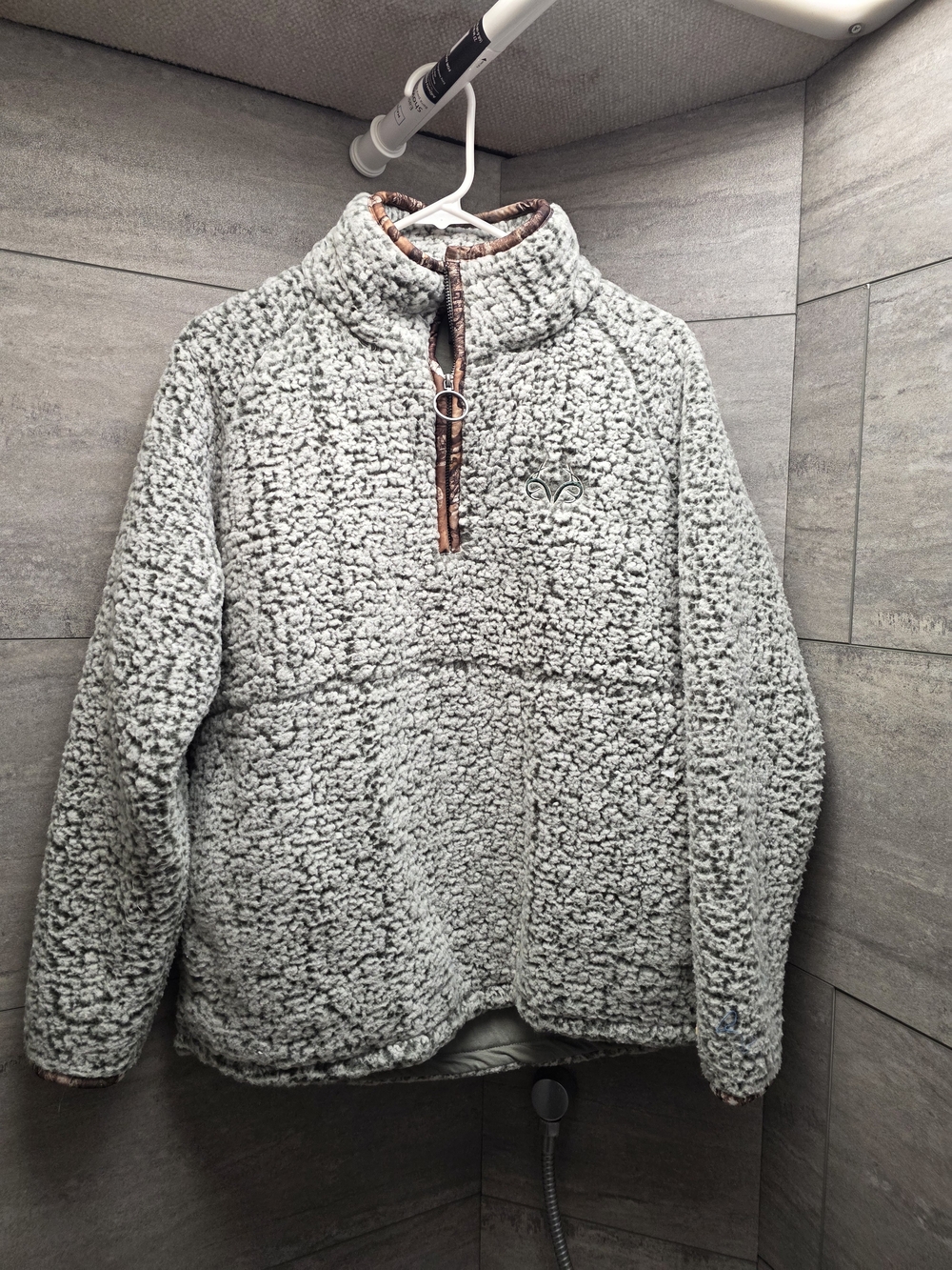 Realtree Gray Sherpa Quarter-Zip Pullover with Brown Trim